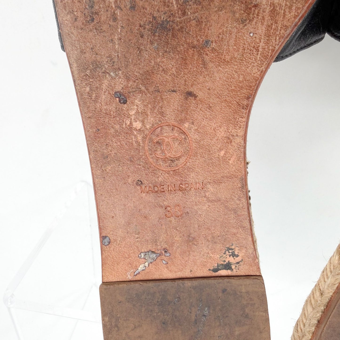 Chanel CC Black Leather Espadrille Slide Sandals Size 38