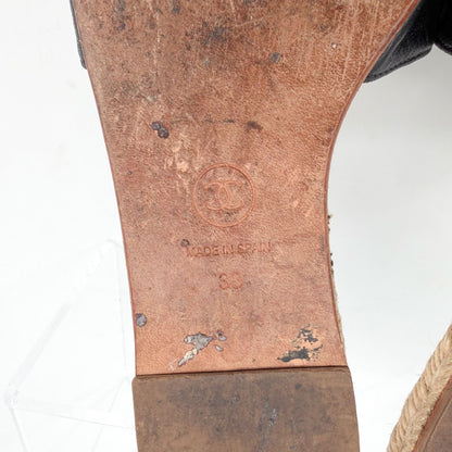 Chanel CC Black Leather Espadrille Slide Sandals Size 38