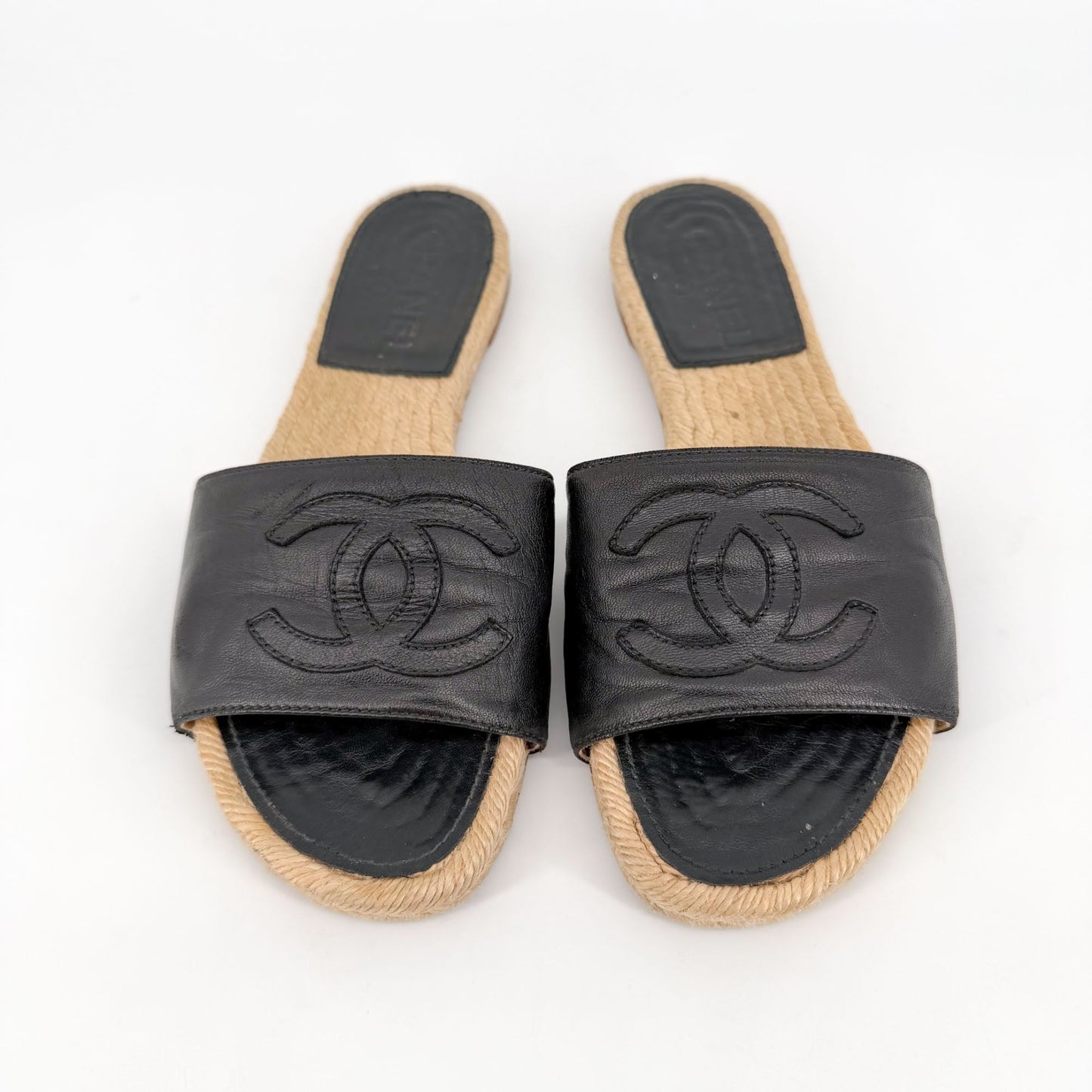 Chanel CC Black Leather Espadrille Slide Sandals Size 38