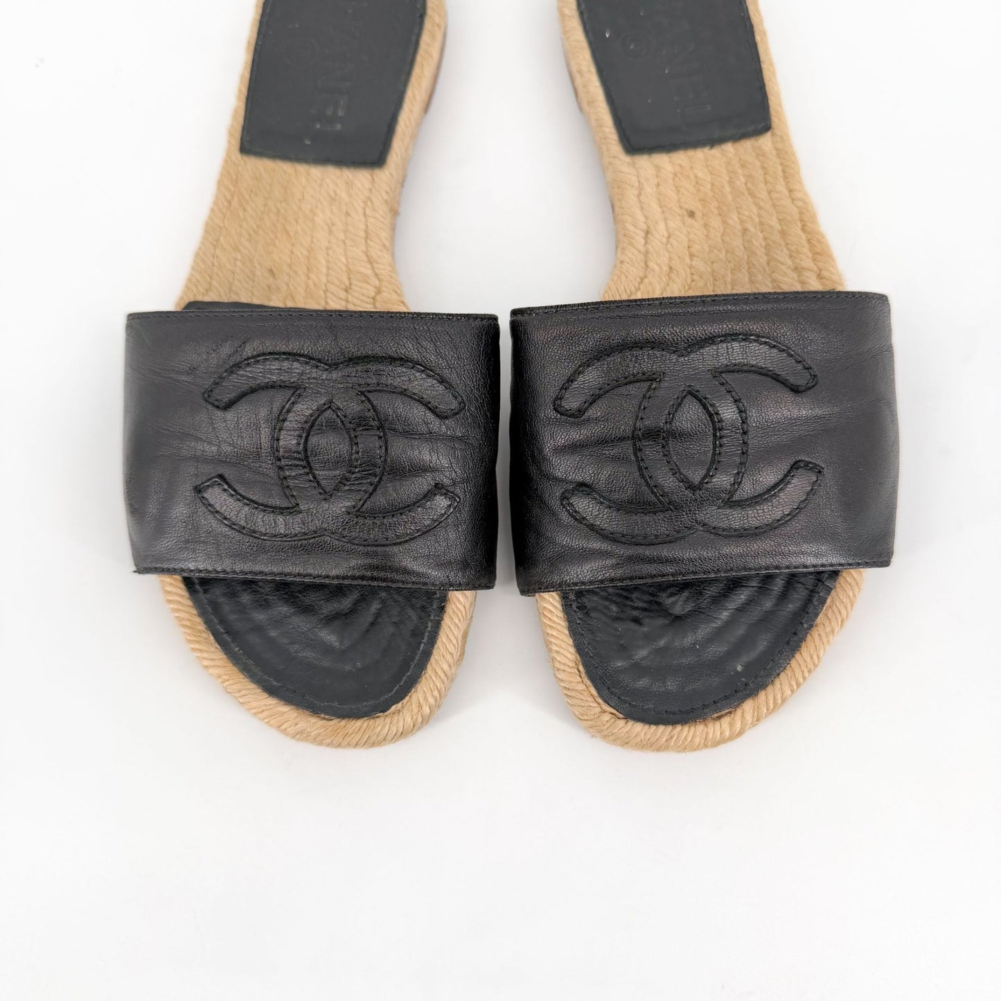 Chanel CC Black Leather Espadrille Slide Sandals Size 38