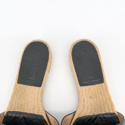 Chanel CC Black Leather Espadrille Slide Sandals Size 38