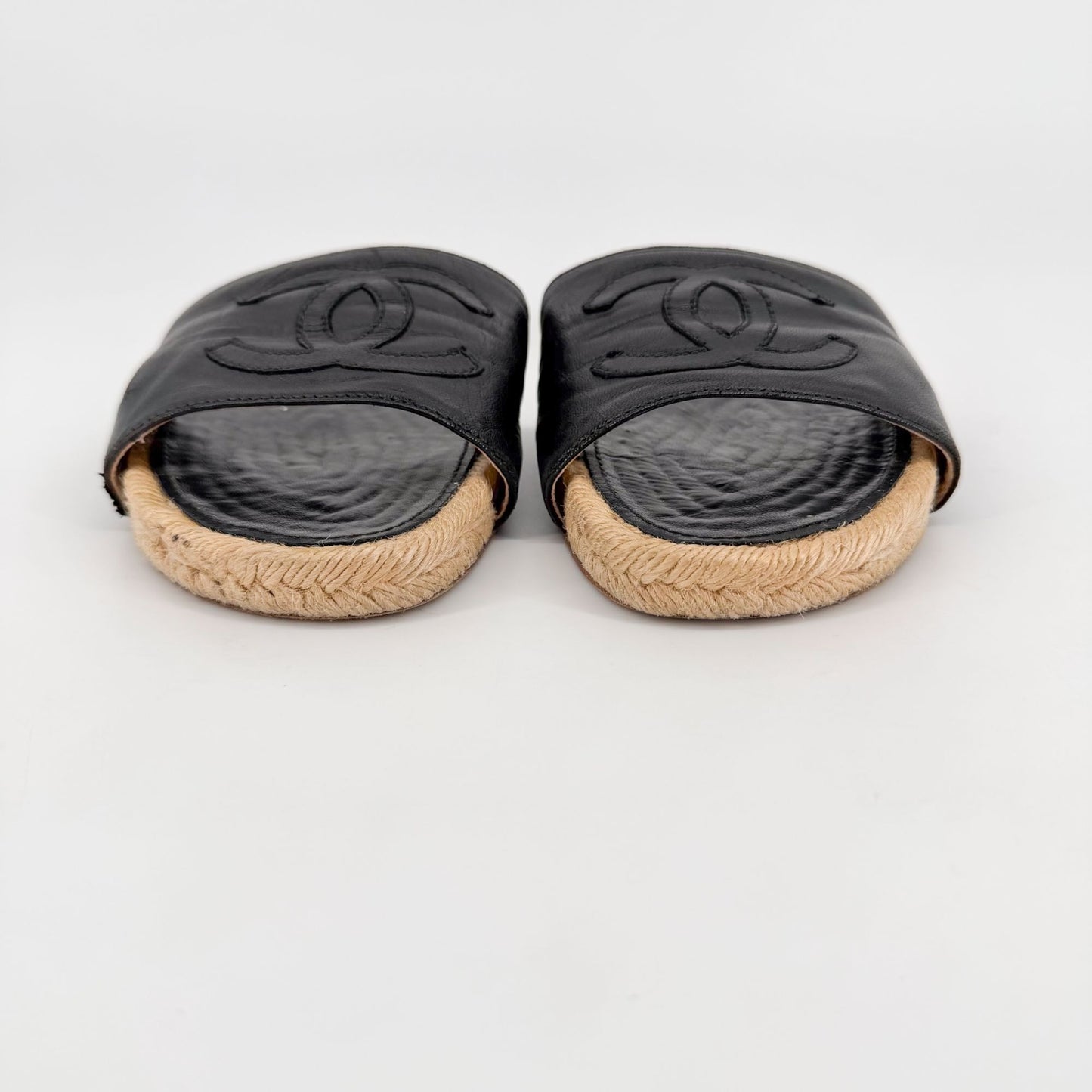 Chanel CC Black Leather Espadrille Slide Sandals Size 38