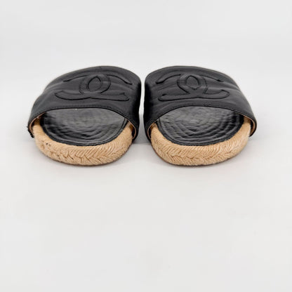 Chanel CC Black Leather Espadrille Slide Sandals Size 38