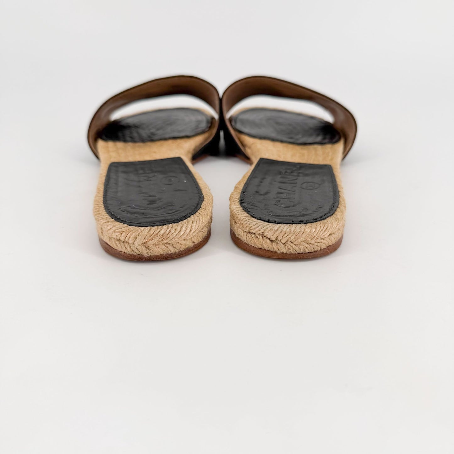 Chanel CC Black Leather Espadrille Slide Sandals Size 38