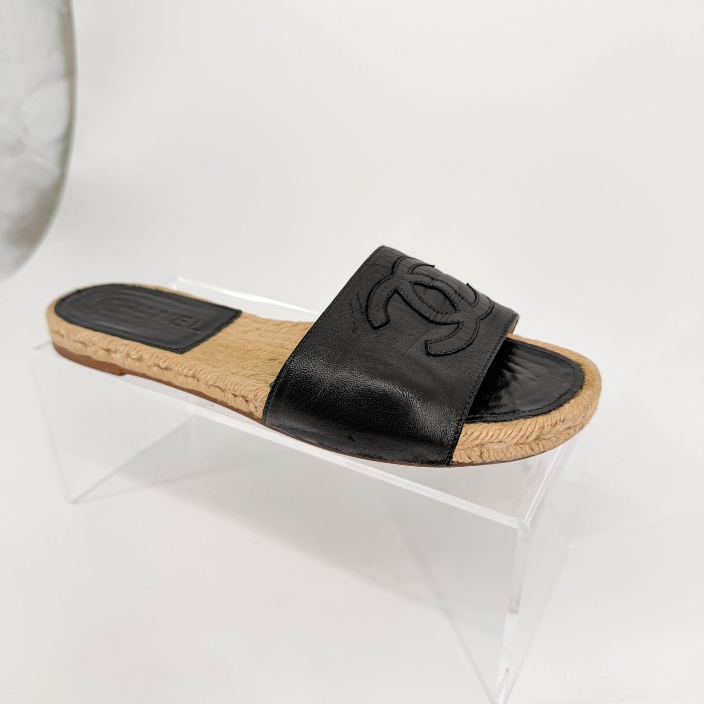 Chanel CC Black Leather Espadrille Slide Sandals Size 38