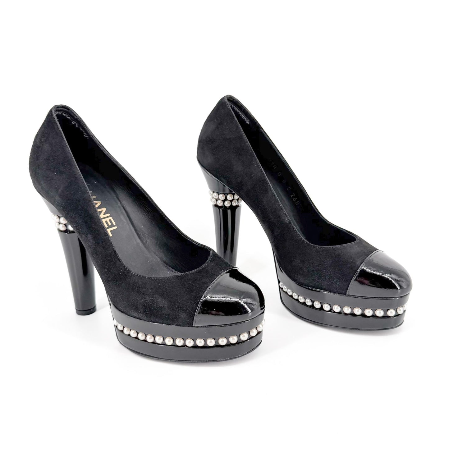 Chanel Pearl Platform Cap Toe Pumps Black Size 37