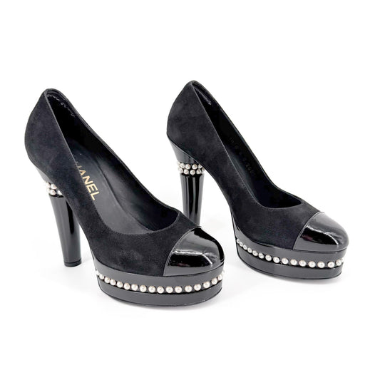 Chanel Pearl Platform Cap Toe Pumps Black Size 37
