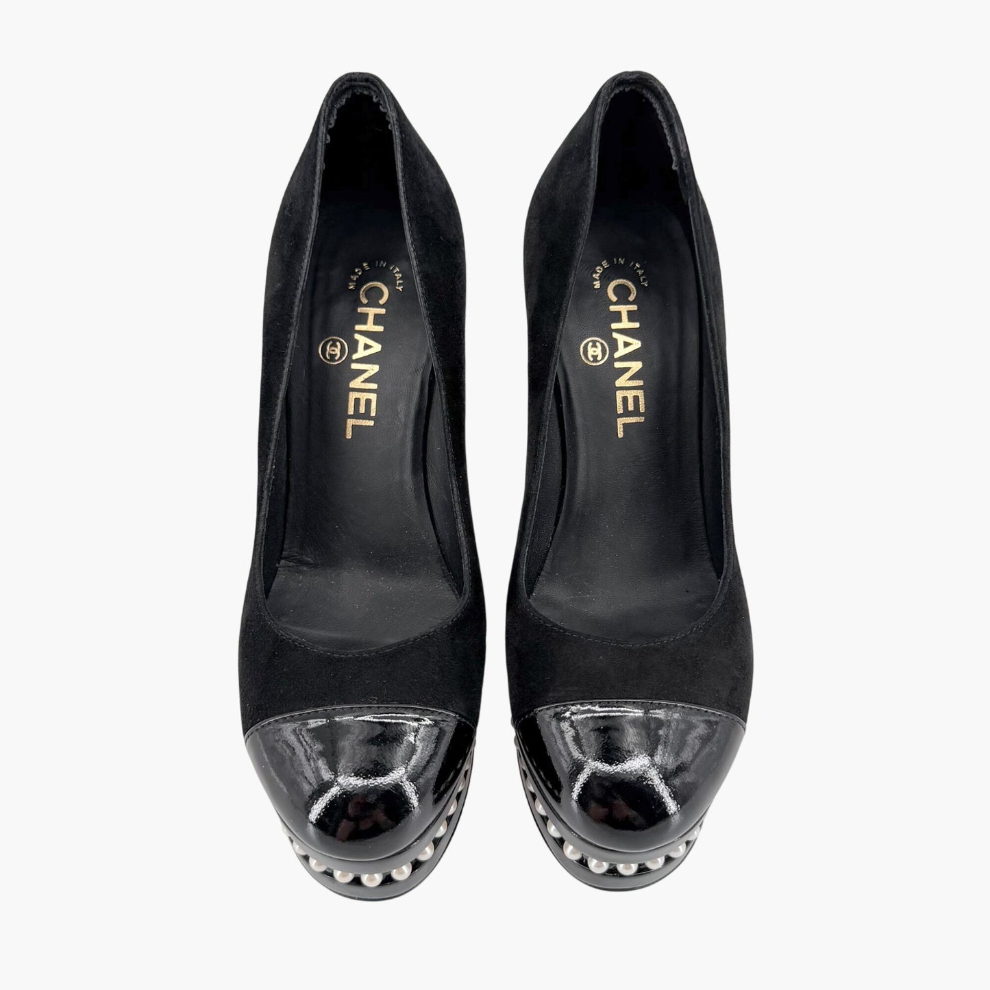 Chanel Pearl Platform Cap Toe Pumps Black Size 37
