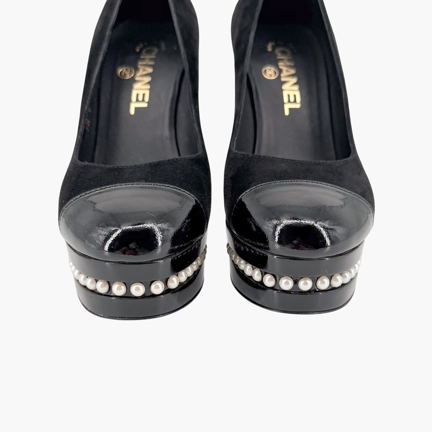 Chanel Pearl Platform Cap Toe Pumps Black Size 37