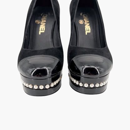 Chanel Pearl Platform Cap Toe Pumps Black Size 37