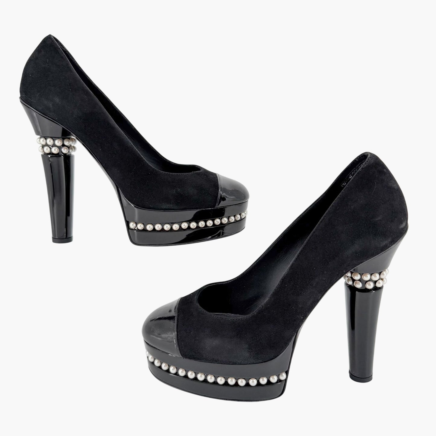 Chanel Pearl Platform Cap Toe Pumps Black Size 37
