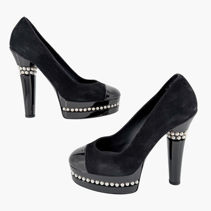 Chanel Pearl Platform Cap Toe Pumps Black Size 37