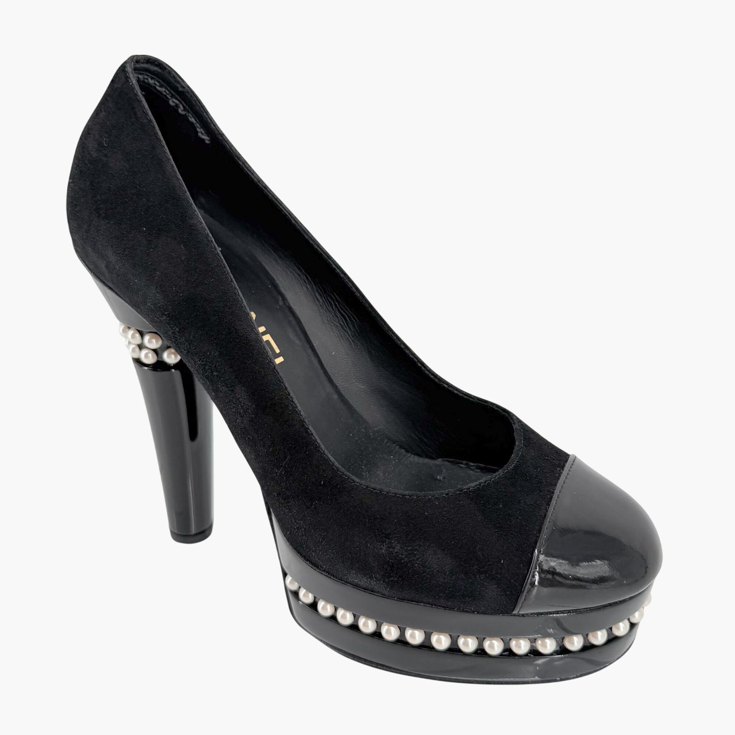 Chanel Pearl Platform Cap Toe Pumps Black Size 37