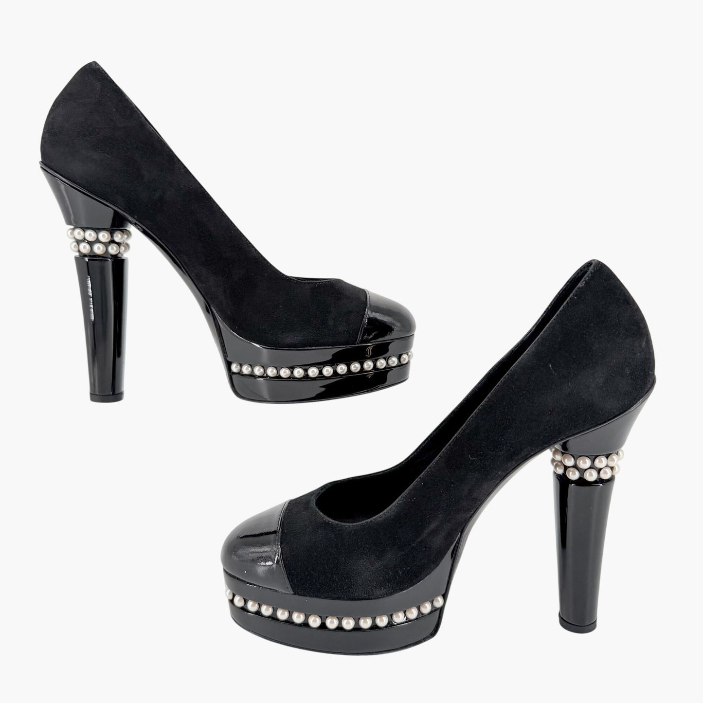 Chanel Pearl Platform Cap Toe Pumps Black Size 37