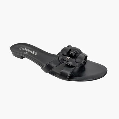 Chanel Camellia CC Leather Thong Slide Sandals Size 40.5