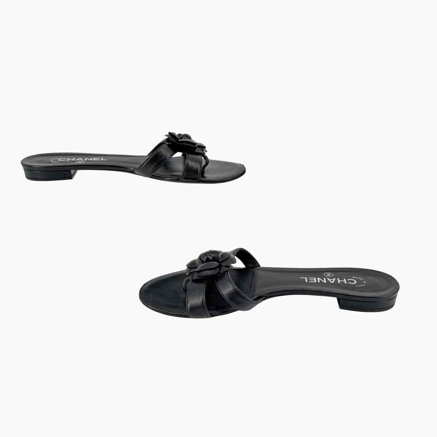 Chanel Camellia CC Leather Thong Slide Sandals Size 40.5