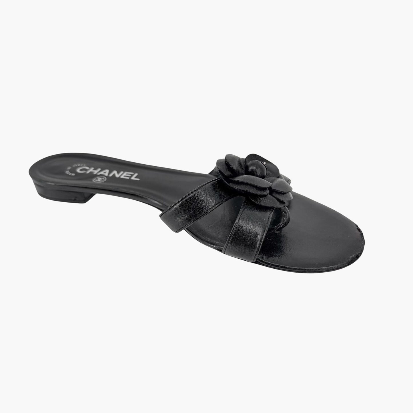 Chanel Camellia CC Leather Thong Slide Sandals Size 40.5