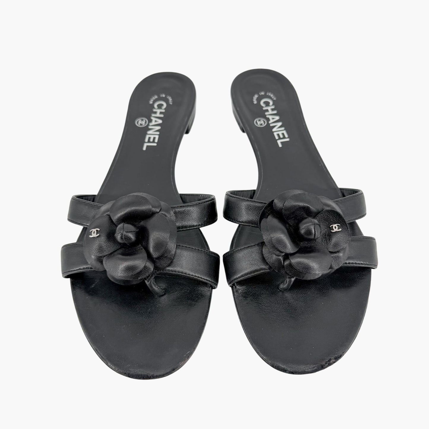 Chanel Camellia CC Leather Thong Slide Sandals Size 40.5