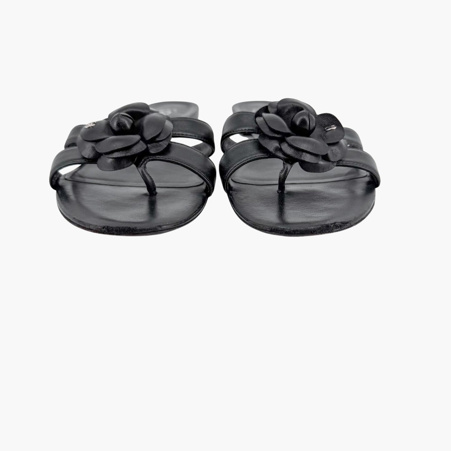 Chanel Camellia CC Leather Thong Slide Sandals Size 40.5