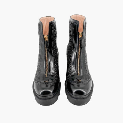 Gucci Trip Zip Front Rhombus Quilted Combat Boots in Black Leather Size 42