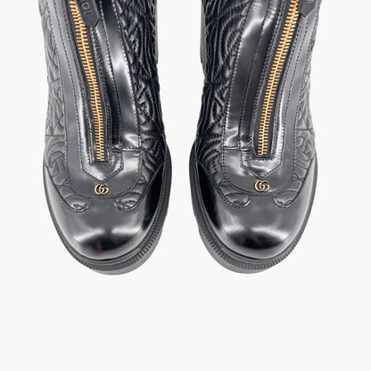 Gucci Trip Zip Front Rhombus Quilted Combat Boots in Black Leather Size 42