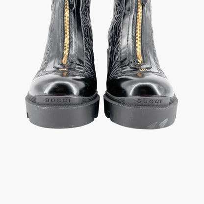 Gucci Trip Zip Front Rhombus Quilted Combat Boots in Black Leather Size 42