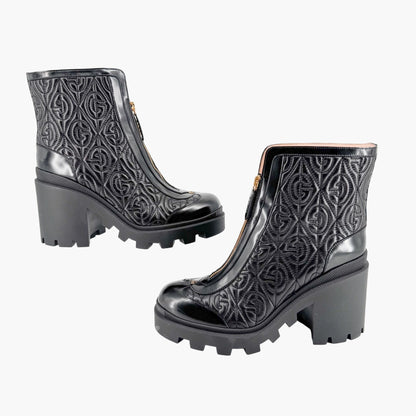 Gucci Trip Zip Front Rhombus Quilted Combat Boots in Black Leather Size 42