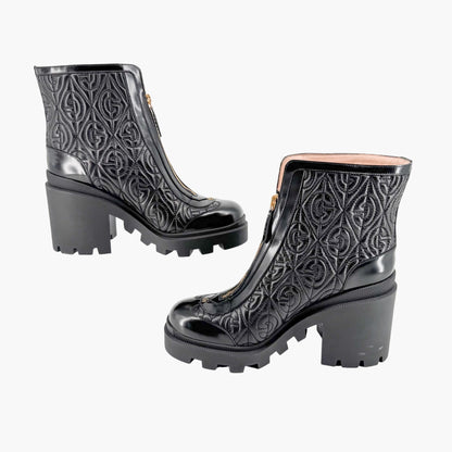 Gucci Trip Zip Front Rhombus Quilted Combat Boots in Black Leather Size 42