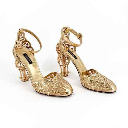 Dolce & Gabbana Fairytale Sculpted Heel Pumps in Metallic Gold Leather Size 38