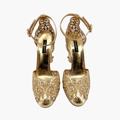 Dolce & Gabbana Fairytale Sculpted Heel Pumps in Metallic Gold Leather Size 38