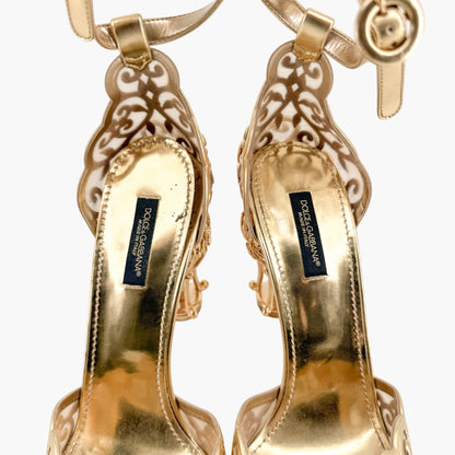 Dolce & Gabbana Fairytale Sculpted Heel Pumps in Metallic Gold Leather Size 38