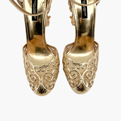 Dolce & Gabbana Fairytale Sculpted Heel Pumps in Metallic Gold Leather Size 38