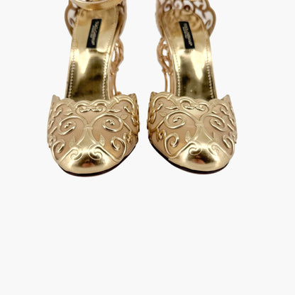Dolce & Gabbana Fairytale Sculpted Heel Pumps in Metallic Gold Leather Size 38