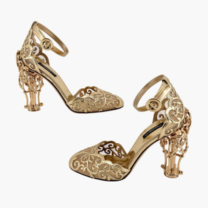 Dolce & Gabbana Fairytale Sculpted Heel Pumps in Metallic Gold Leather Size 38