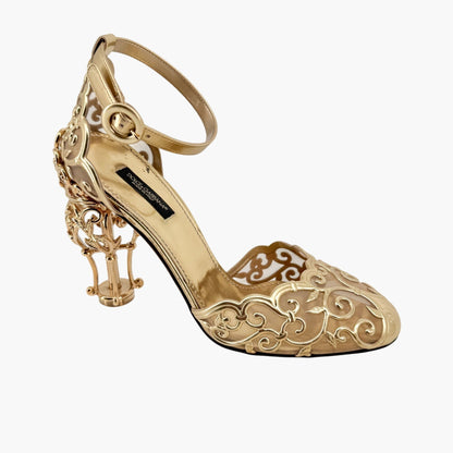 Dolce & Gabbana Fairytale Sculpted Heel Pumps in Metallic Gold Leather Size 38