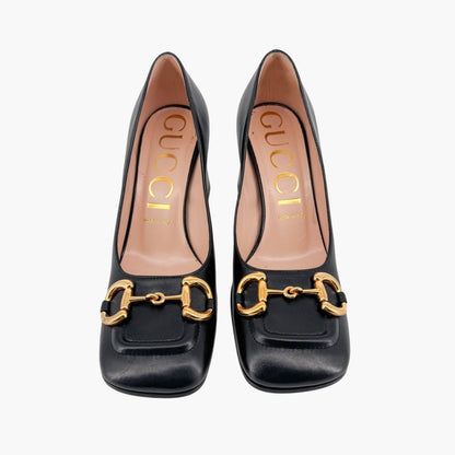 Gucci Black Leather Baby Horsebit Block Heel Pumps Size 39