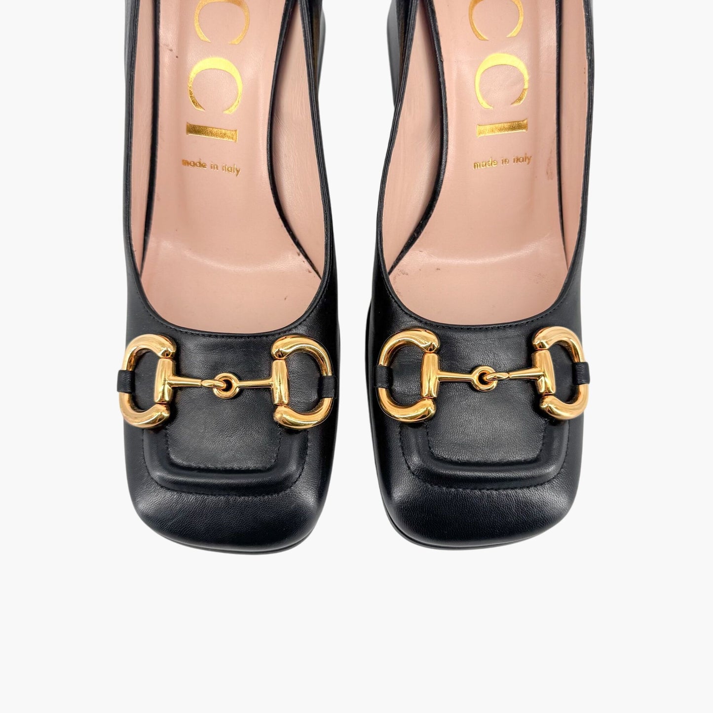 Gucci Black Leather Baby Horsebit Block Heel Pumps Size 39