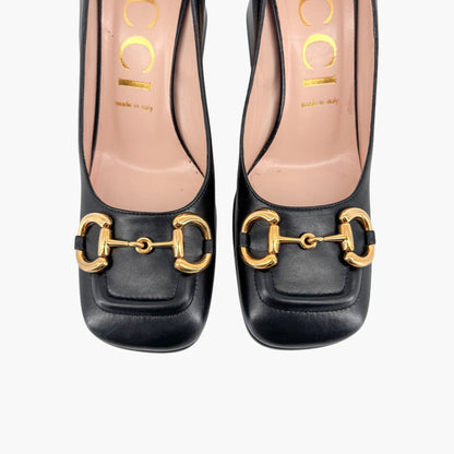 Gucci Black Leather Baby Horsebit Block Heel Pumps Size 39