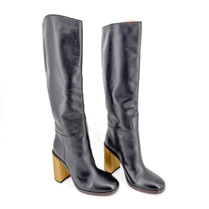 Gucci Metallic Block Heel Knee High Boots in Black Leather Size 39