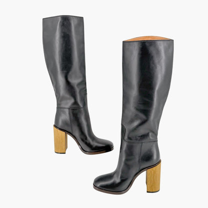 Gucci Metallic Block Heel Knee High Boots in Black Leather Size 39