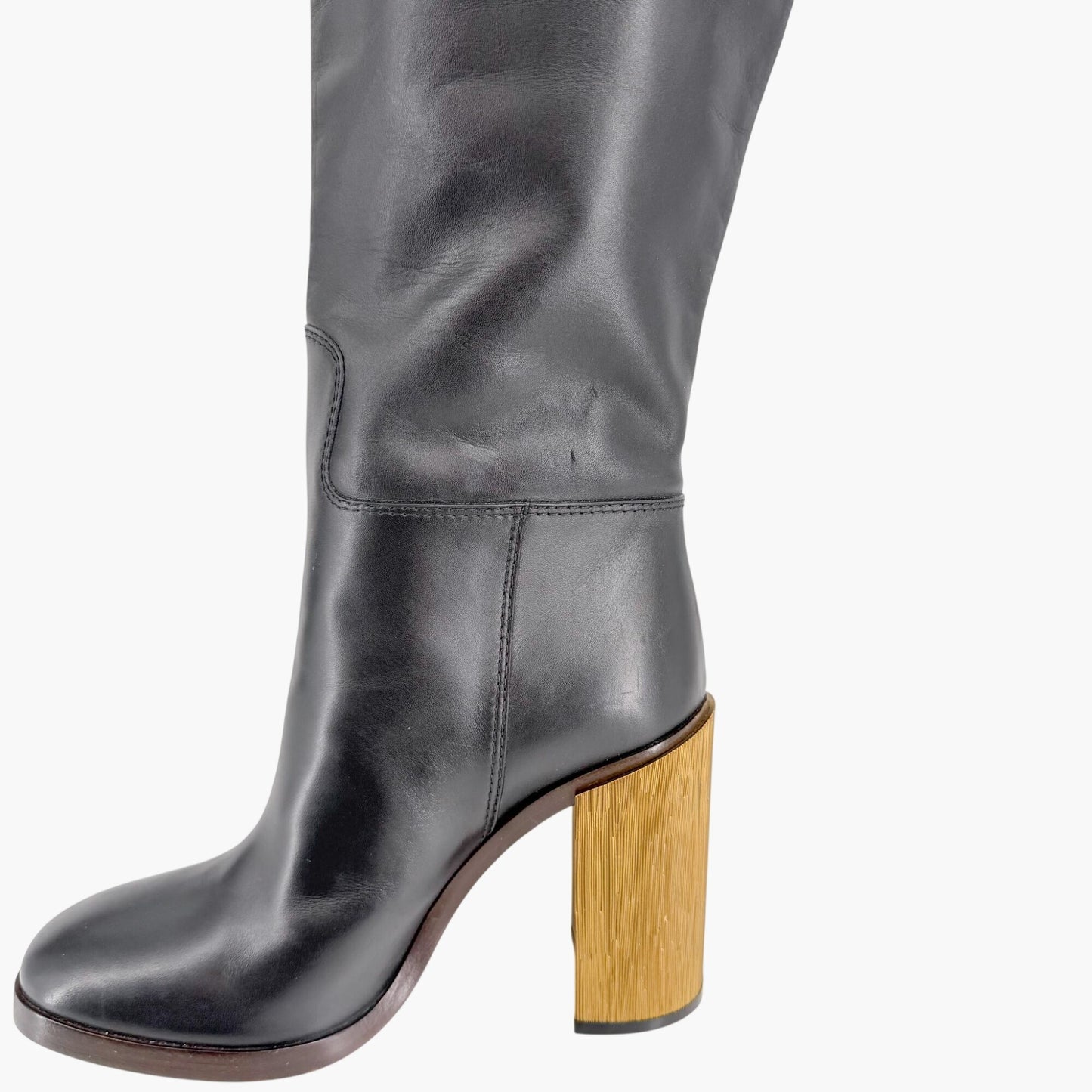 Gucci Metallic Block Heel Knee High Boots in Black Leather Size 39