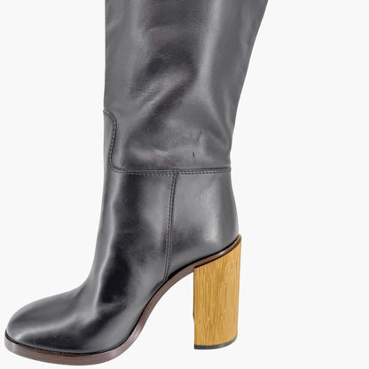 Gucci Metallic Block Heel Knee High Boots in Black Leather Size 39