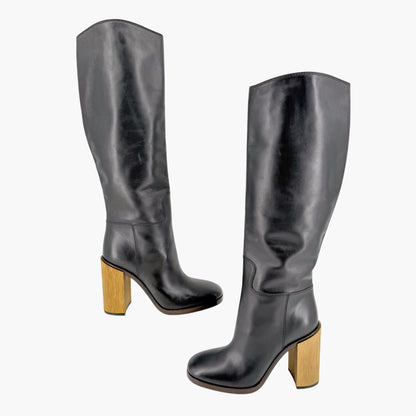 Gucci Metallic Block Heel Knee High Boots in Black Leather Size 39