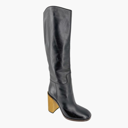 Gucci Metallic Block Heel Knee High Boots in Black Leather Size 39