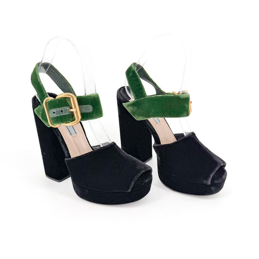 Prada Two-Tone Platform Sandals Black Green Velvet Size 38