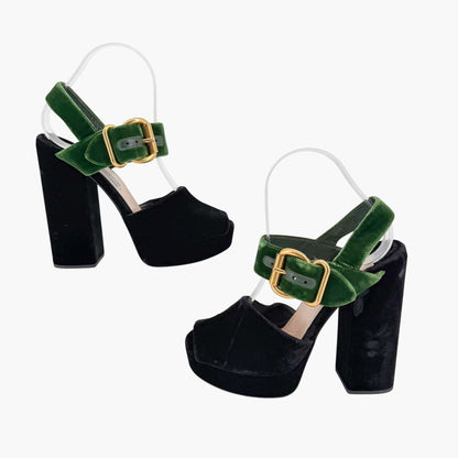 Prada Two-Tone Platform Sandals Black Green Velvet Size 38