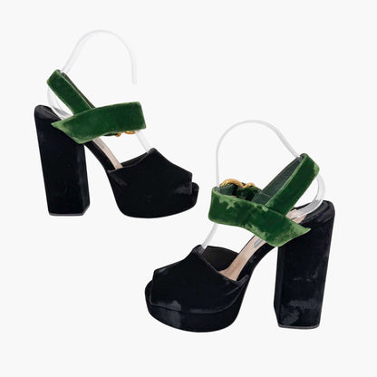 Prada Two-Tone Platform Sandals Black Green Velvet Size 38