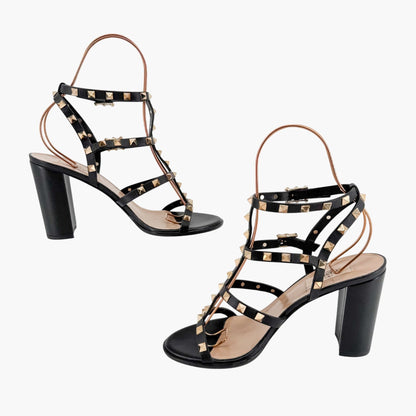 Valentino Garavani Rockstud Caged Block Heel Sandals in Black Leather Size 39