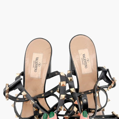 Valentino Garavani Rockstud Caged Block Heel Sandals in Black Leather Size 39