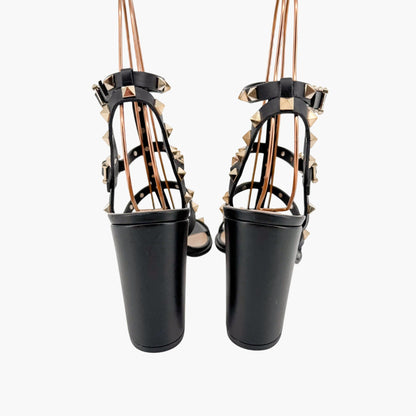 Valentino Garavani Rockstud Caged Block Heel Sandals in Black Leather Size 39